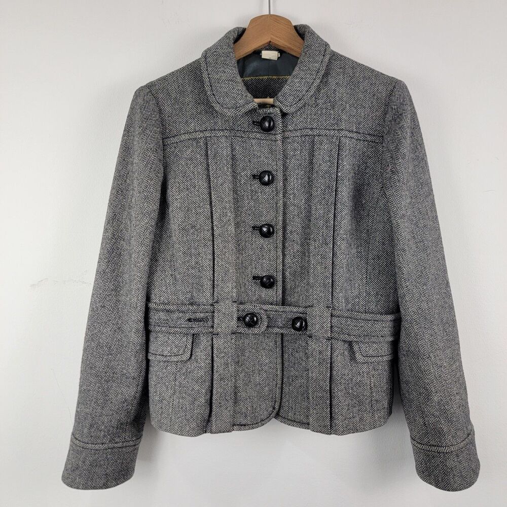J Crew 100% Wool Gray Herringbone  Belted Jacket Womens Size 12